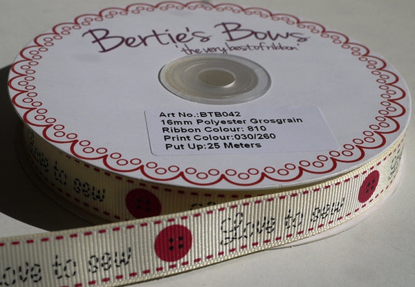 Bertie’s Bows Love to Sew Print 16mm Grosgrain Ribbon