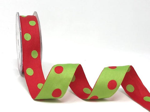 Red & Lime 25mm Woven Reversible Polka Dot Ribbon