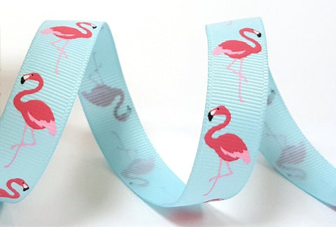 Bright Pink Flamingo Print on 16mm Aqua Grosgrain Ribbon