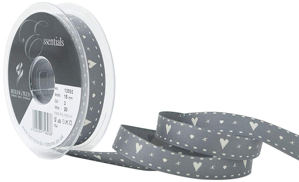 Smoked Grey Hearts and Kisses Print 15mm Ribbon