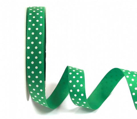 16mm Grosgrain Ribbon Emerald with White Polka Dots