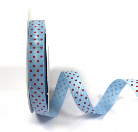 16mm Grosgrain Ribbon Pale Blue with Red Polka Dots