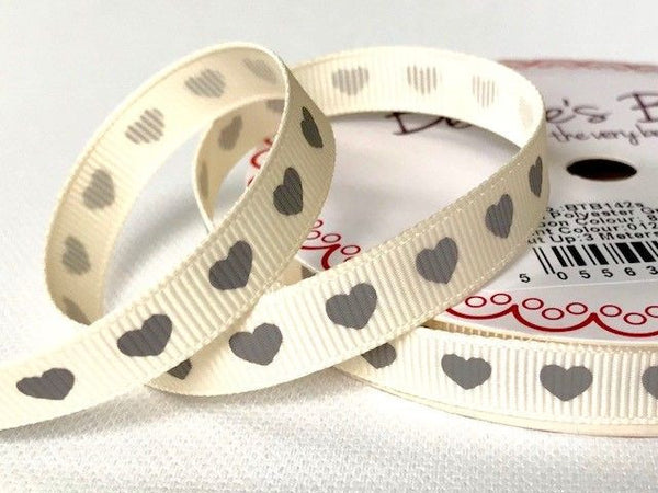 Grey Heart Print on 9mm Ivory Grosgrain Ribbon
